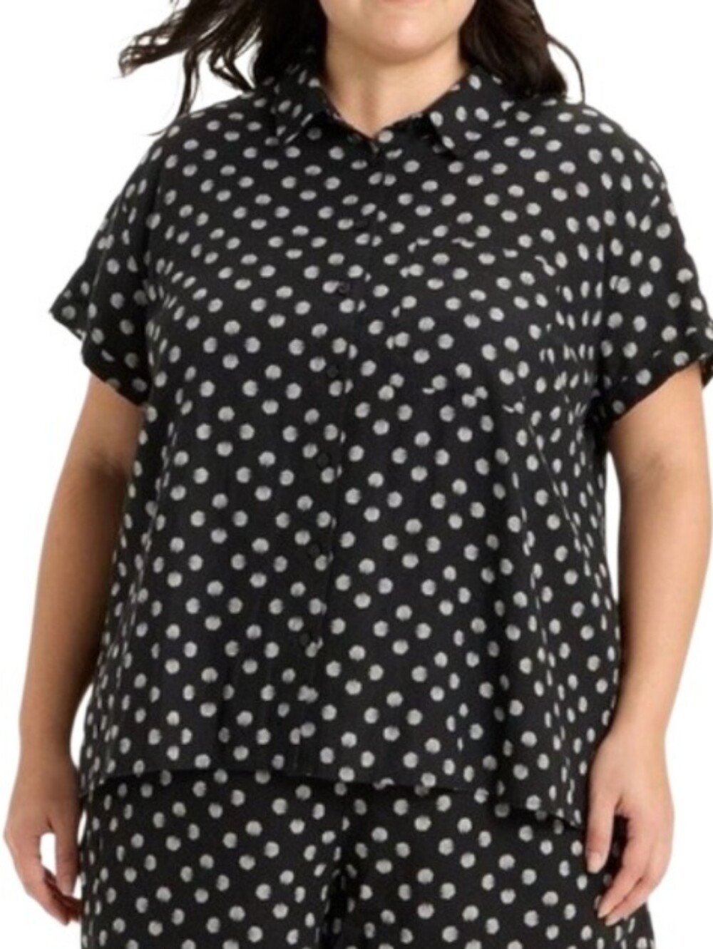 Linen Blend  Button-Front Short Sleeve Top - Black/White Shell Pattern Sz 2X Nwt